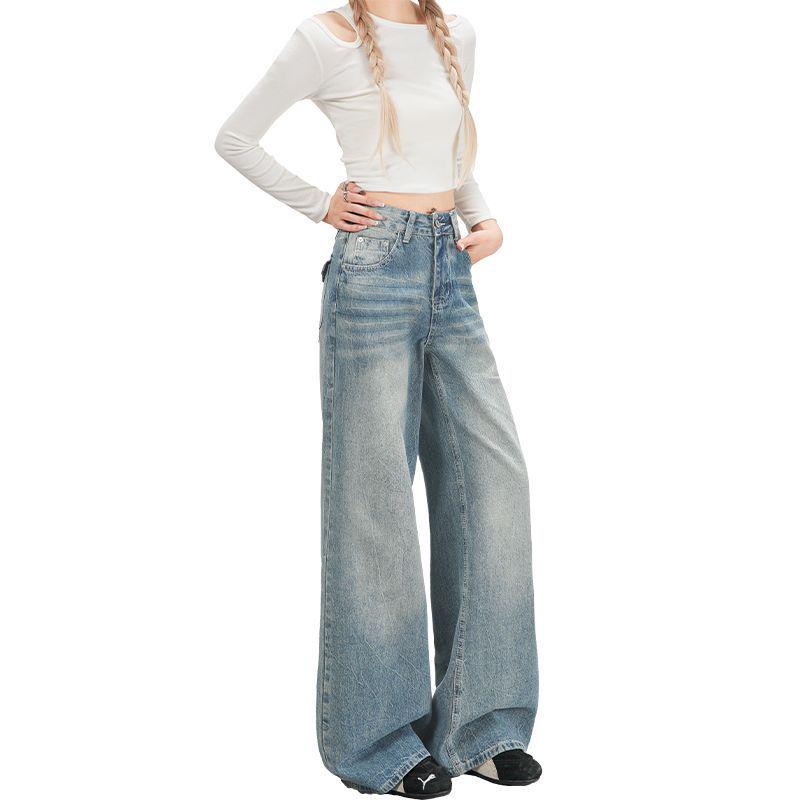 Light Blue Wide-Leg Jeans for Women - Winter 2026; Washed, Loose, Slimming Pear-Shaped Fit.