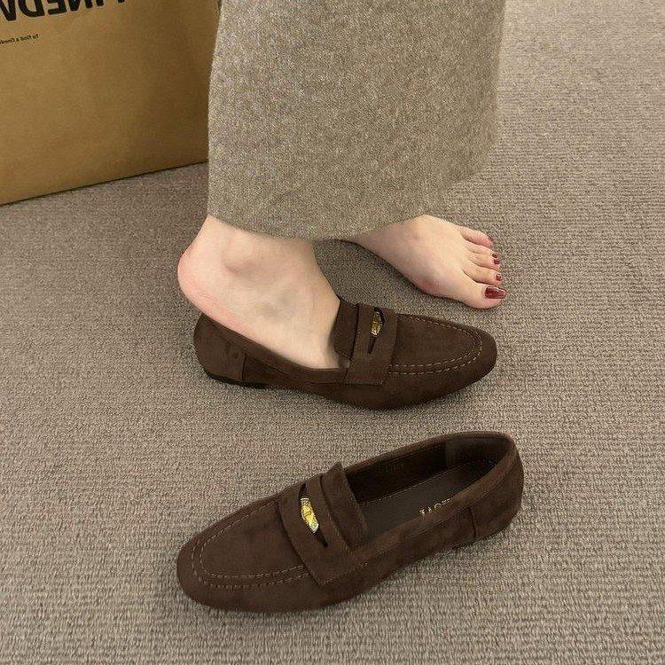 

Low Autumn And Winter Heel Suede One Pedal 2025 Loafers Women S Thick Soles Flat Bottom Women S Round Head Lazy Small Leather Shoes Deep Mouth 40 темно-коричневого кольору