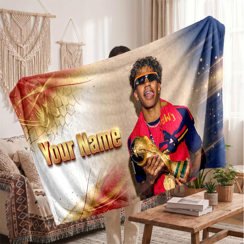 Coperta in pile personalizzata Lamine Yamal con logo del calcio, testo con nome personalizzato, morbida, calda, coperta da divano per la casa