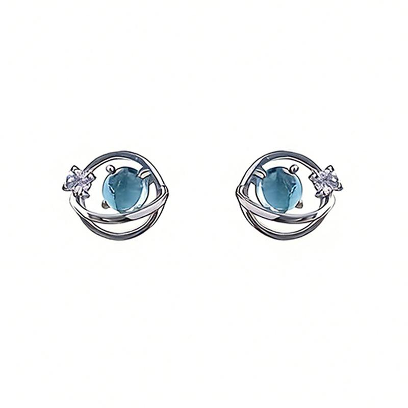 Huitan Novel Stud Earrings for Women Dainty Blue Crystal Saturn Planet Ear Studs Tiny Star Galaxy Cosmic Minimalist Jewelry Gift