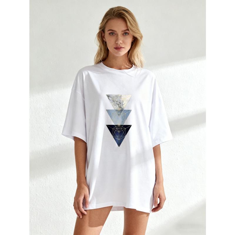 Oversized T Shirt Black Geometric Triangles Print Casual Wear