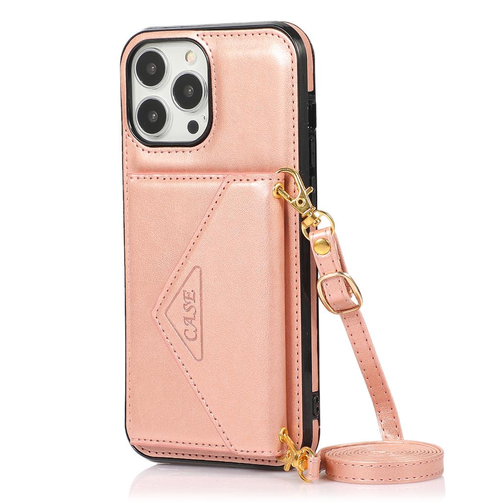 For iPhone 16 Pro Cell Phone Case Triangle Lid Card Bag Leather + TPU Cover with Long Strap