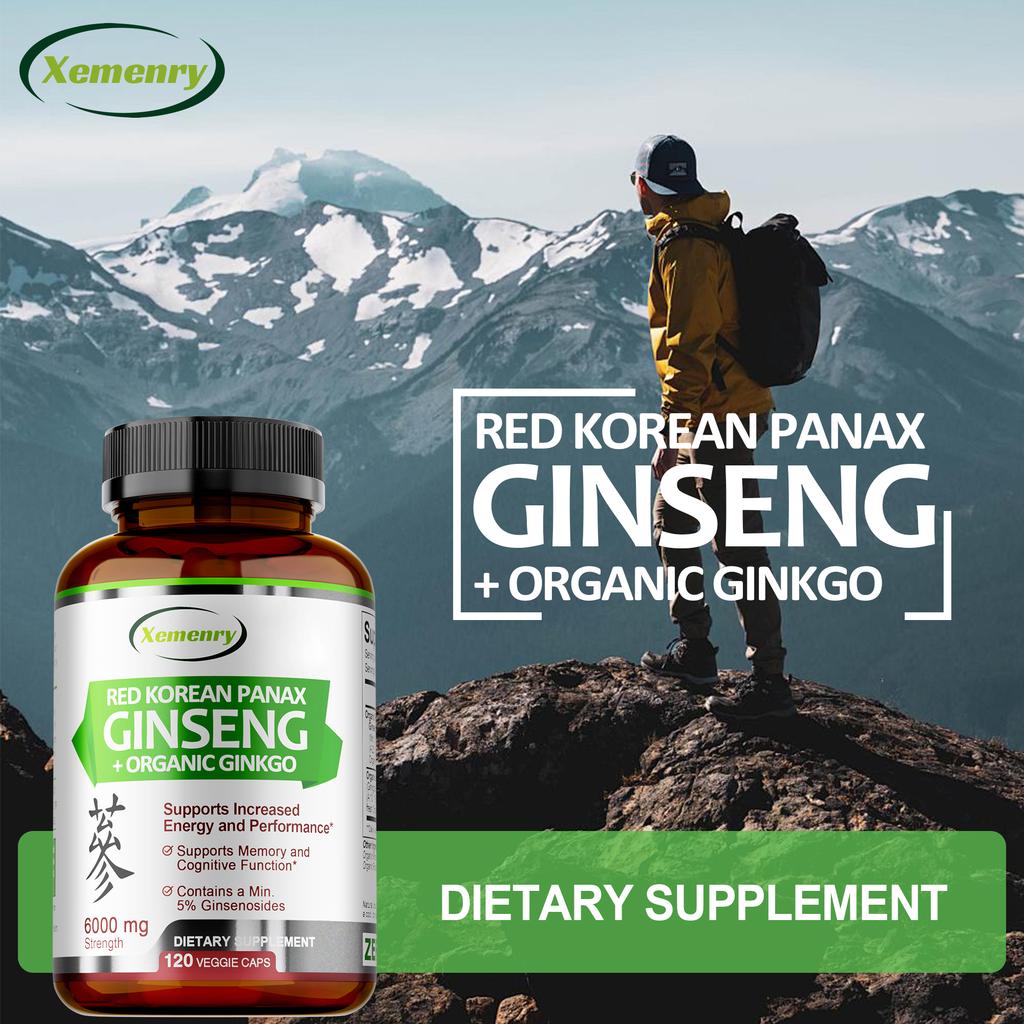XEMENRY Bio-Roten Ginseng, mit Ginkgo-Biloba-Extrakt, 6000 mg pro Portion, 120 Kapseln pro Packung, für Erwachsene geeignet.