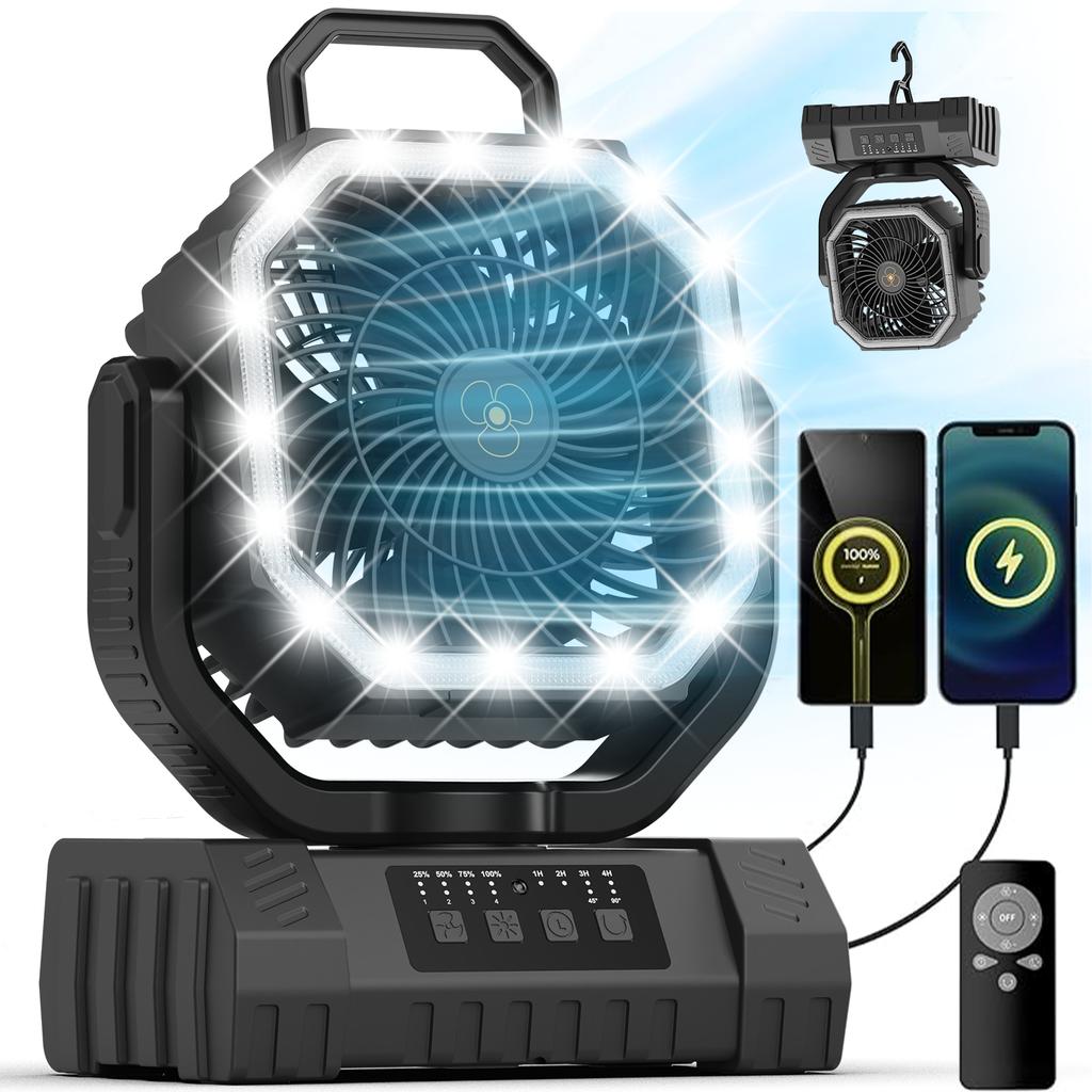 20000mAh Tent Fan, Rechargeable Camping Fans for Tents with Auto-Oscillation, Remote Timer LED Lantern, Hanging Hook 4 Speeds for Fishing Power Outage