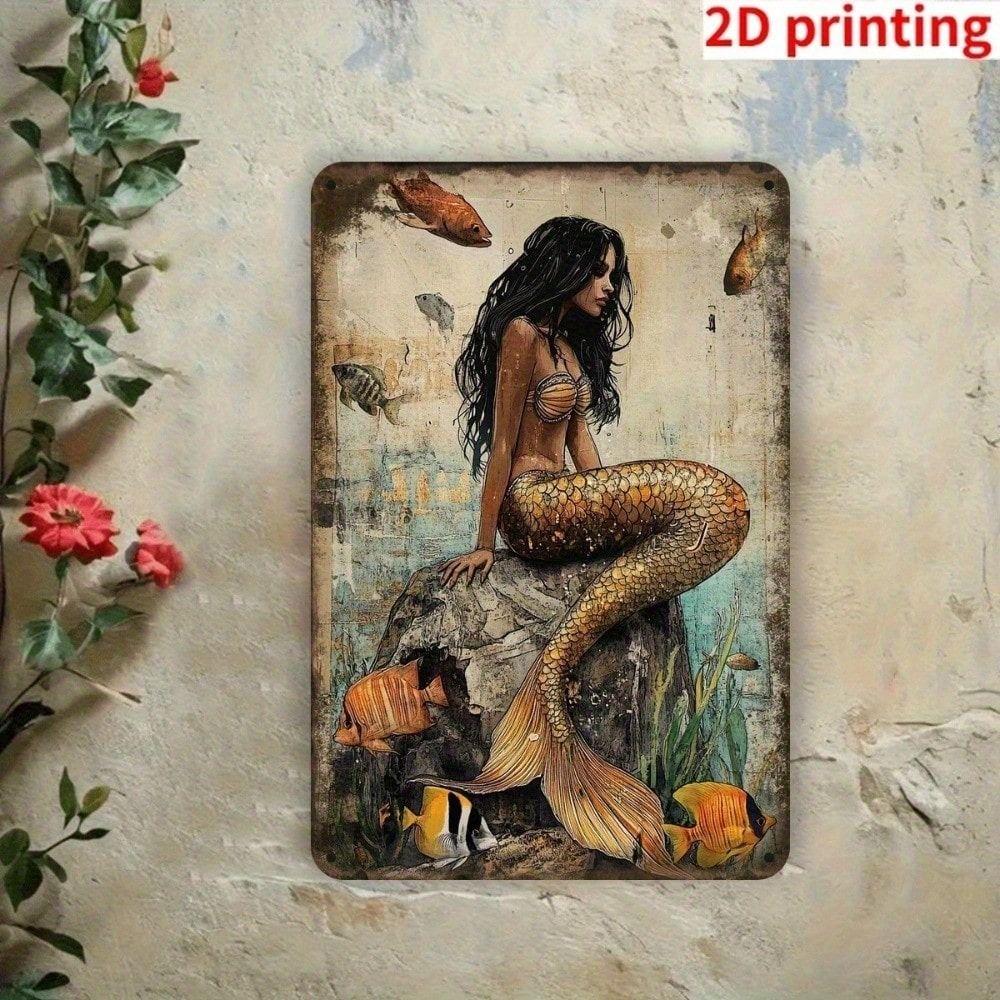 Vintage Mermaid Metal Tin Sign Red Hair Ocean Waves Bedroom Decor 20x30cm