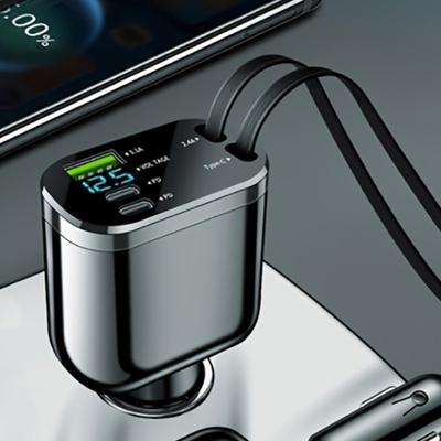 5-Port-Autoladegerät mit LED-Anzeige, schnelles Aufladen über USB PD, integrierte einziehbare Typ-C-Kabel für iPhone und Android