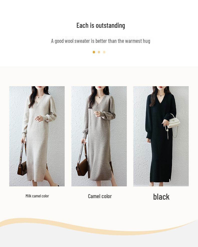 Women's V-Neck Wool Sweater Dress, Loose Fit, Slit Design, Over-the-Knee Length, Large Size, Plain Pullover, Inner Layer Long Skirt