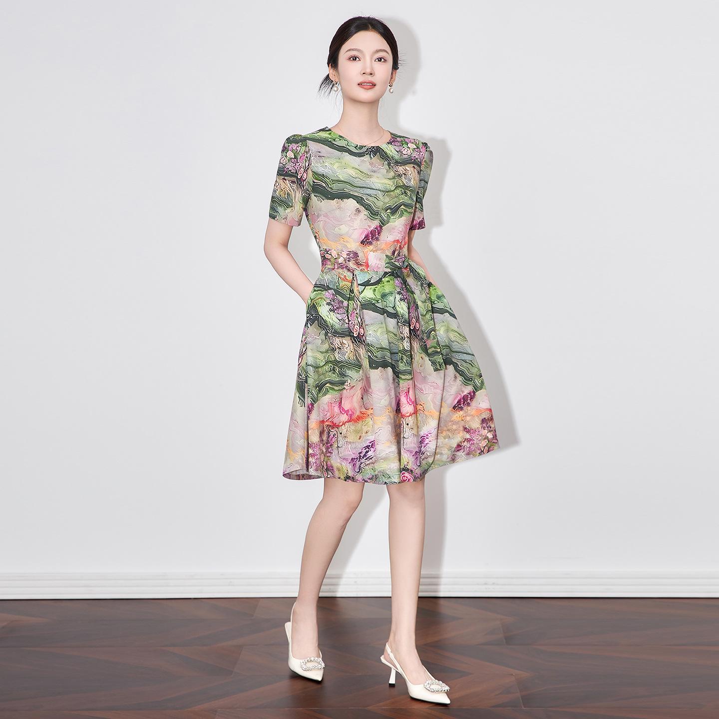 

High-Quality Age-Defying Swing Skirt: Women s Summer Vacation Waist-Cinching Printed Dress S зелёный