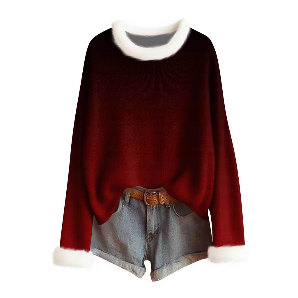 Women's Fashion Print Wool-Collar Sweater Casual Long-Sleeve Knit Pullover Top