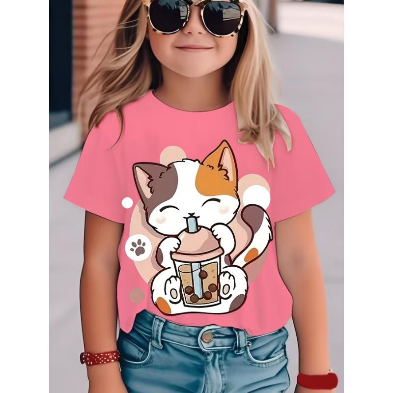 New Summer Girls Clothes Cartoon Cute Cat Graphic T Shirt Short Sleeve Tops for Girls 4 to 6 Years Casual Children's Clothing