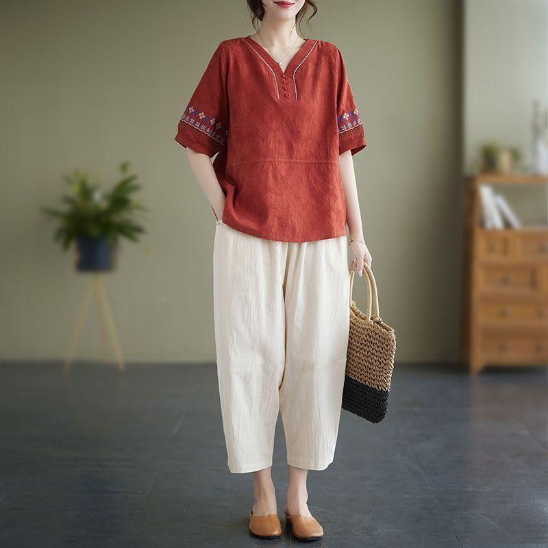 Retro summer fashion mom cotton and linen temperament loose and slim suit top
