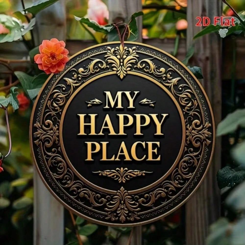 Vintage Gold Metal Wall Art Round Retro Sign My Happy Place Home Decor Bathroom Porch Living Room Kitchen Bedroom Wall Decoration
