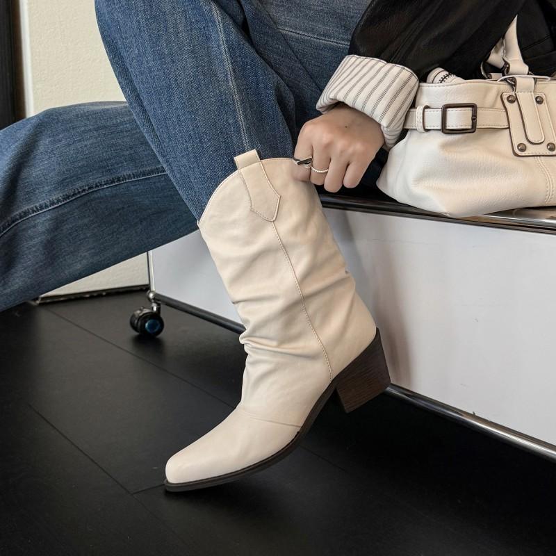 5.5cm British Style Fashion Ankle Boots Pointed Toe Chunky Heel Slip-On Western Women