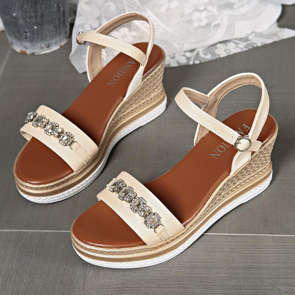 Shiny Large Crystal Chain Wedges Sandals for Women Fashion Ankle Buckle Chunky Platform Shoes Summer Thick Sole Non Slip Shoes