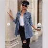 Women's Washed Raw Edge Denim Long Sleeve Shirt Jacket