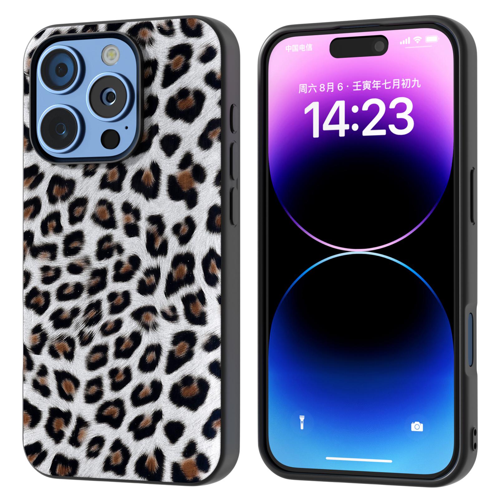 

ABEEL For iPhone 16 Pro Case PU+TPU Back Phone Cover with Leopard Pattern Silver