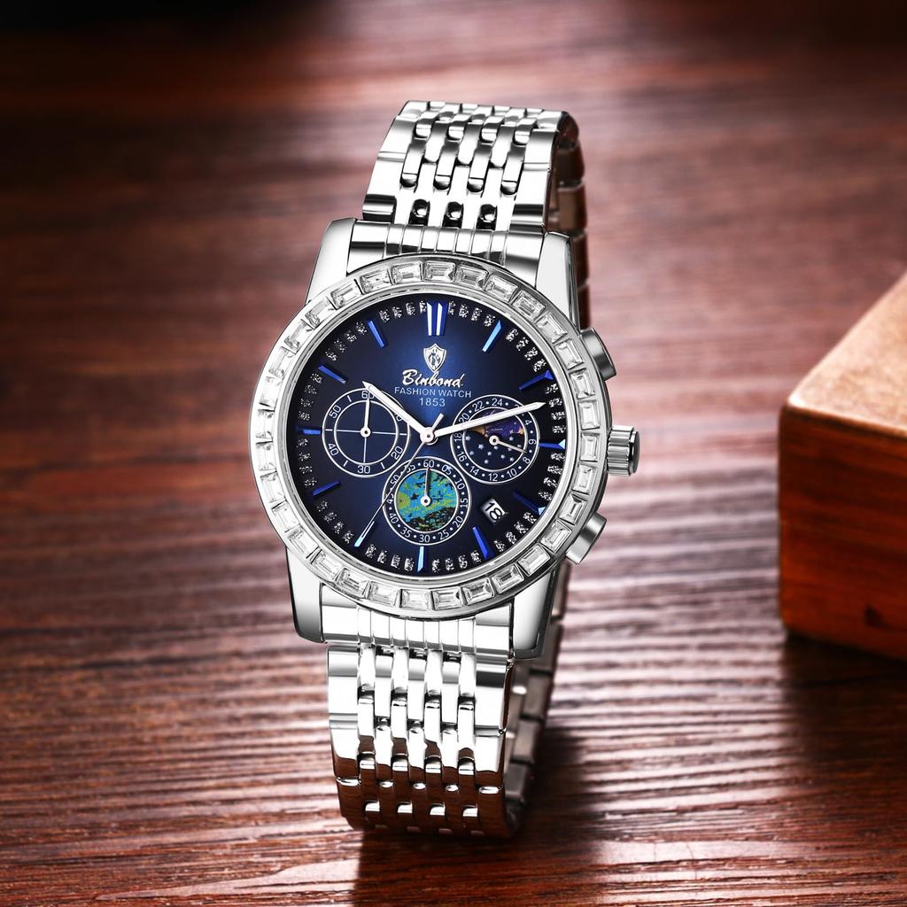 Analog Quartz Triple Calendar Night Stainless Artistic Gold Student Silver Watch, Eye, Multifunction, Men's Luminous, Function, Sky, Steel,