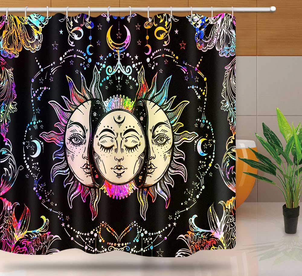 Mandala Celestial Shower Curtain Boho Moon Star Black And White Waterproof Polyester Fabric Bathroom Curtains Home Decor Hooks