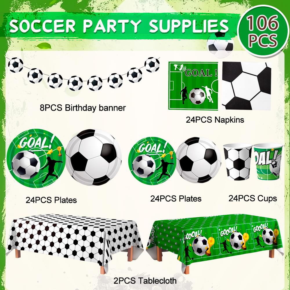 Soccer Party Tableware, 106pcs Soccer Birthday Tableware Set - Coccer Plates and Napkins Table Cloth Banner Etc Soccer Theme Party Tableware