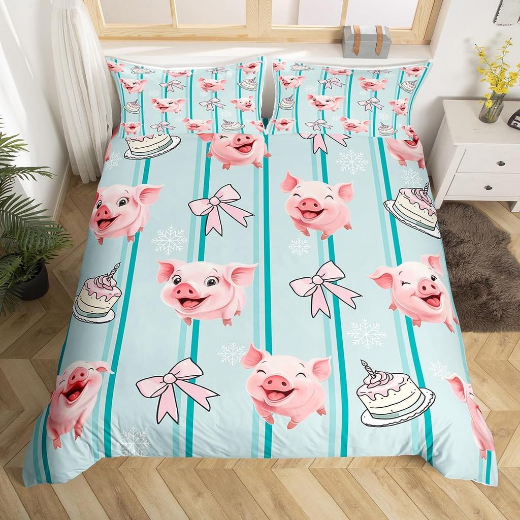 Cute Pig Duvet Cover Set Rose Flower Princess Bedding Set,Girls Women Room Decor,Cartoon Livestock Animal Rustic Comforter Cover