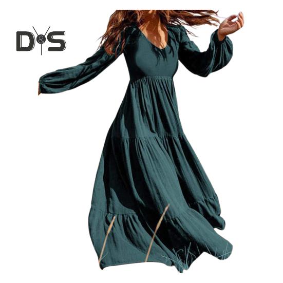 

Женское платье весна-осень с круглым вырезом, А-силуэтом, V-образным вырезом, плиссировкой, длинными рукавами, однотонное, с большим качелями, для свиданий, шопинга, отпуска, макси-платье M зелёный