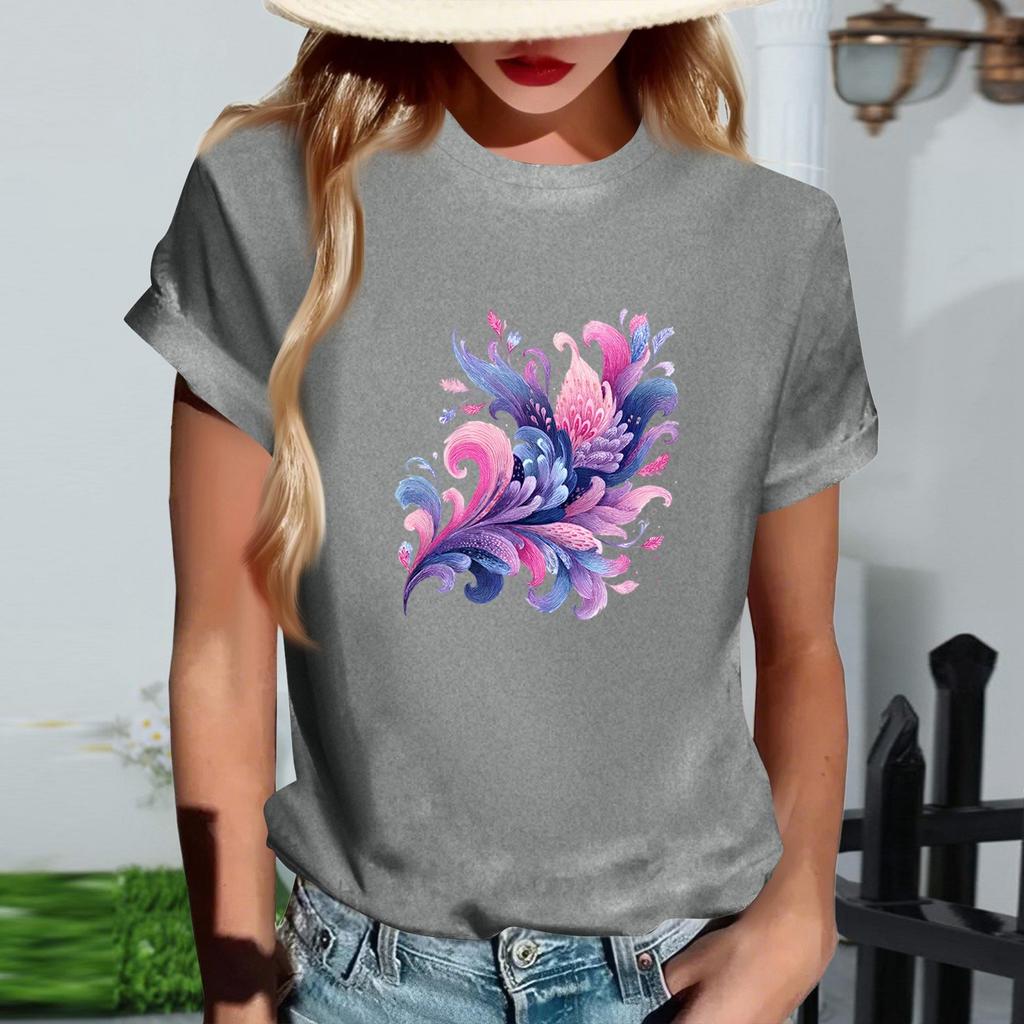 Women's Fashionable Round Neck Casual Retro Print Short Sleeved T-shirt Top