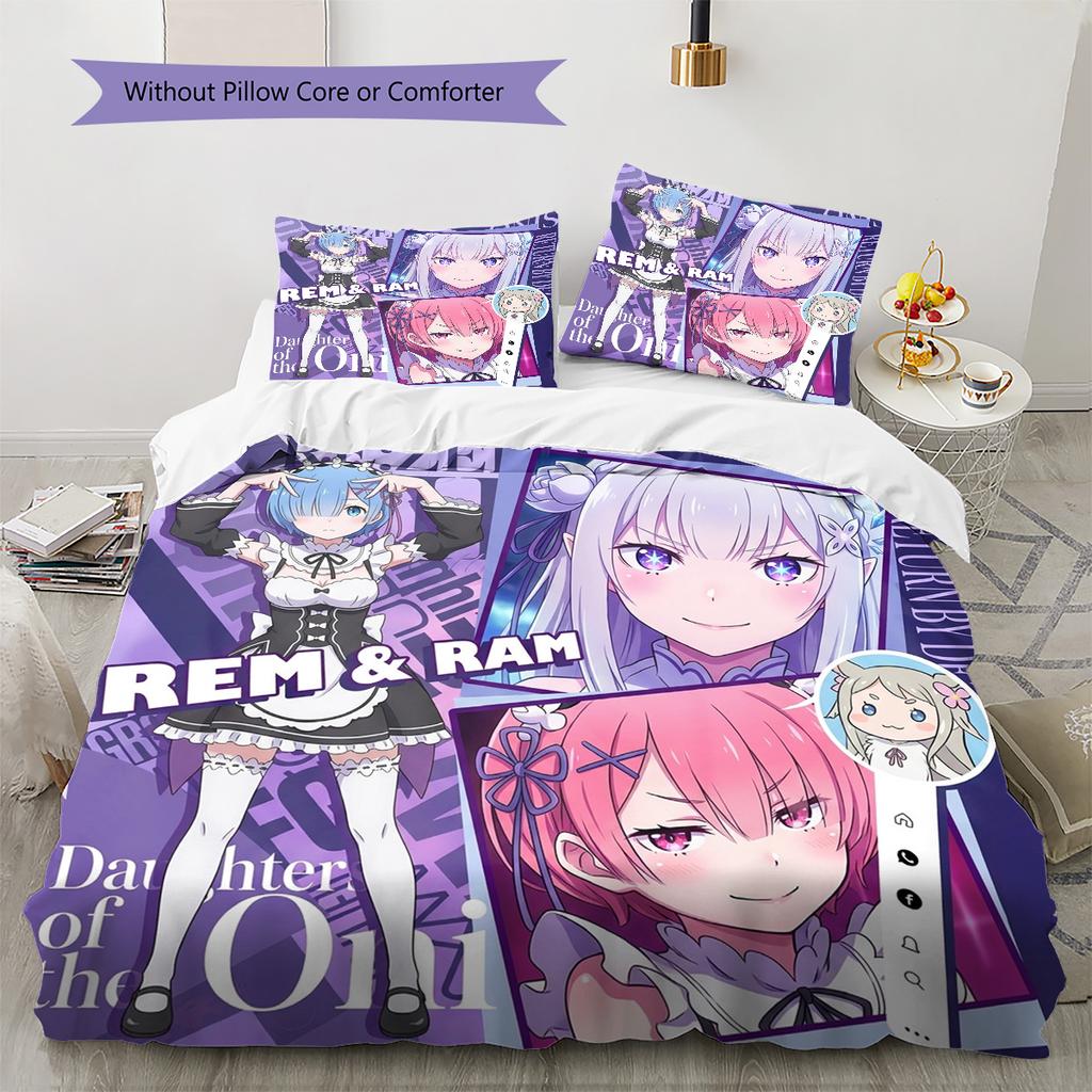 Re Zero Pattern Bedding Quilt Set Quilt Cover Pillowcase Home Birthday Gift(1 * Duvet Cover + 2 * Pillowcase, Without Core)