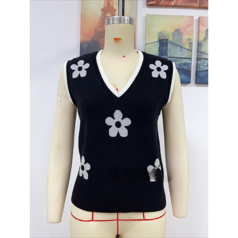 Women's printed V-neck sleeveless knitted floral pullover sweater