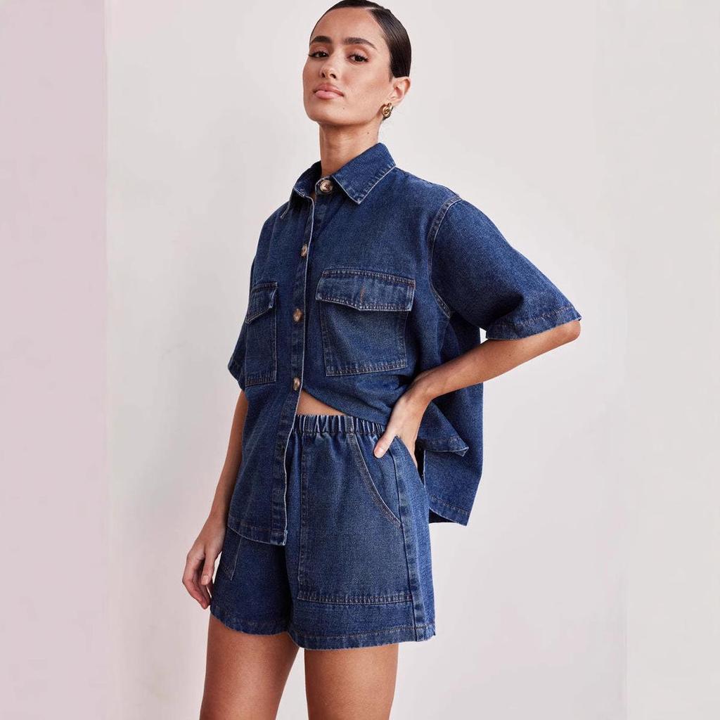 2025 Spring/Summer Women's Retro Casual Denim Short-Sleeve Shirt and Shorts Set