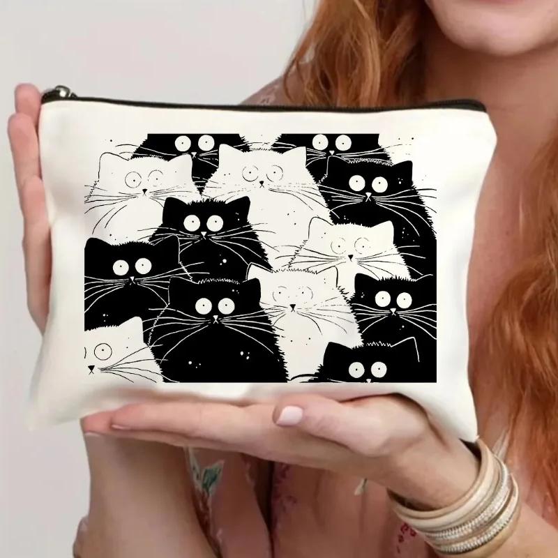Vierkante Witte DIY Schilderen Rits Canvas Tassen Munt Geld Houder Tassen Leuke Katten Bedrukt Studenten Potlood Pen Schrijfwaren Opbergtas
