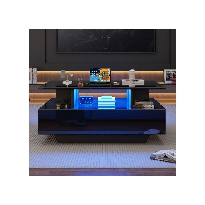 Konferenční stolek - MUVOE - Moderní - LED osvětlení - 2 zásuvky - Lesklý 90x55x41 cm