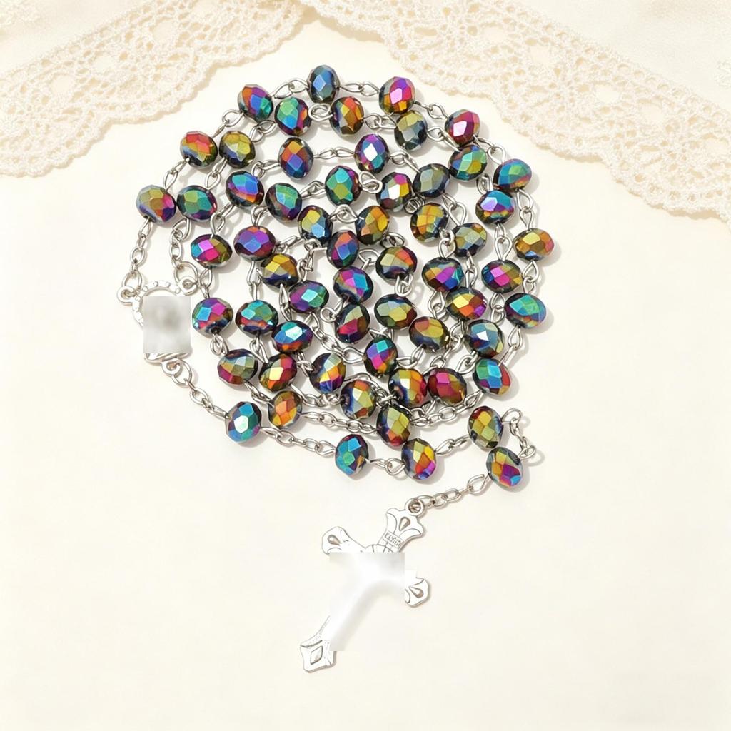 8mm Seven-Color Crystal Glass Prayer Beads Necklace with Cross Pendant