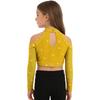 Girls Shiny Sequins Crop Top Long Sleeve Back Neck Press Buttons Closure Dance Shirt