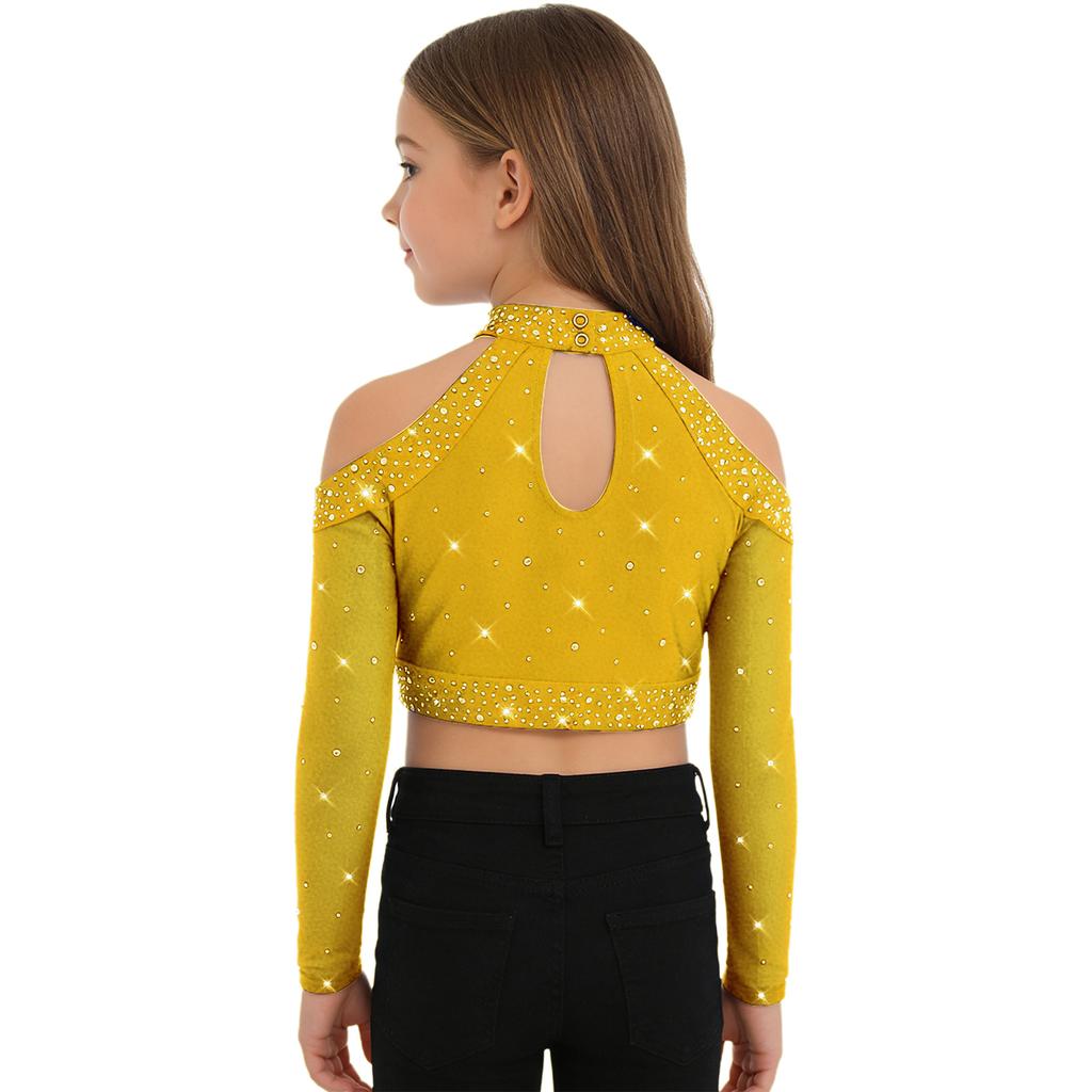Girls Shiny Sequins Crop Top Long Sleeve Back Neck Press Buttons Closure Dance Shirt