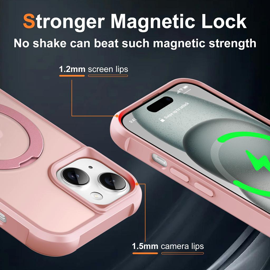 For iPhone 15 Case Compatible with MagSafe Rotatable Kickstand TPU+PC Shockproof Phone Cover