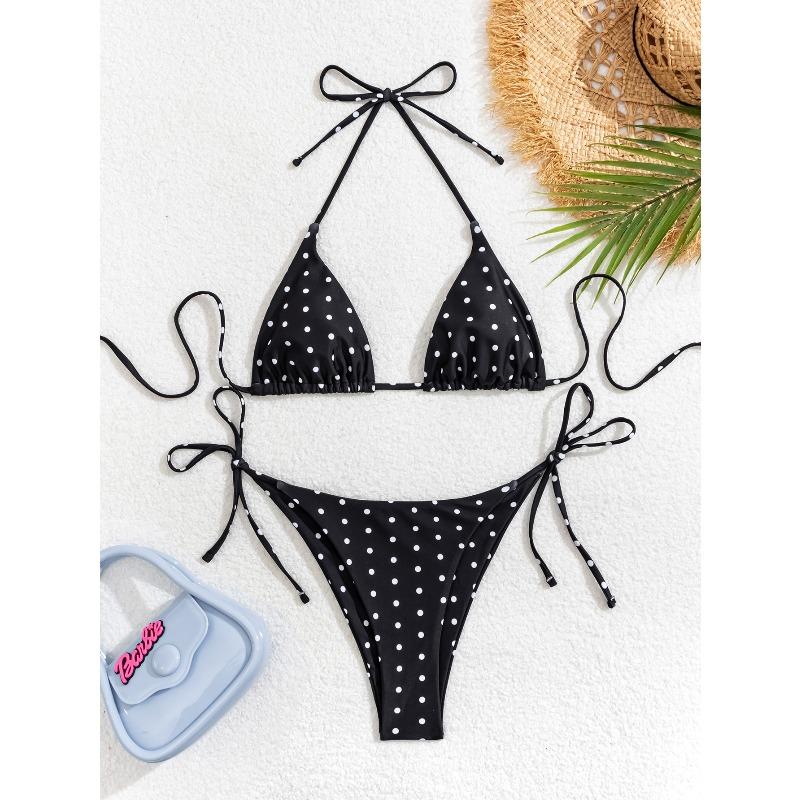 Women's Sexy Slim Fit Bikini Set, Tropical Print Halter Lace-up Triangle Swimsuit