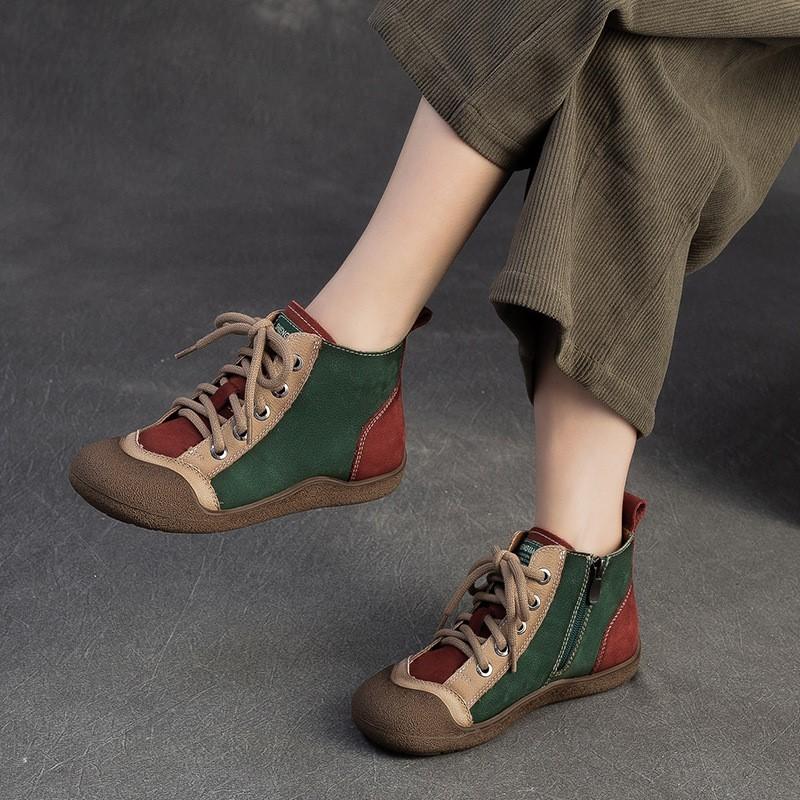 Johnature Mixed Color Genuine Leather Lightweight Comfortable Ankle Boots Retro Versatile Warm Women's Shoes