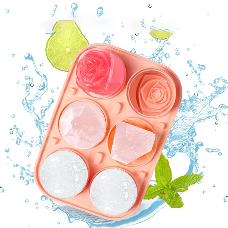3D Rose Diamond Round Ice Cube Molds 4/6 Grid Ice Cube Tray Flower Shape Silicone Ice Maker Kitchen Bar Utensil Tool Accessorise
