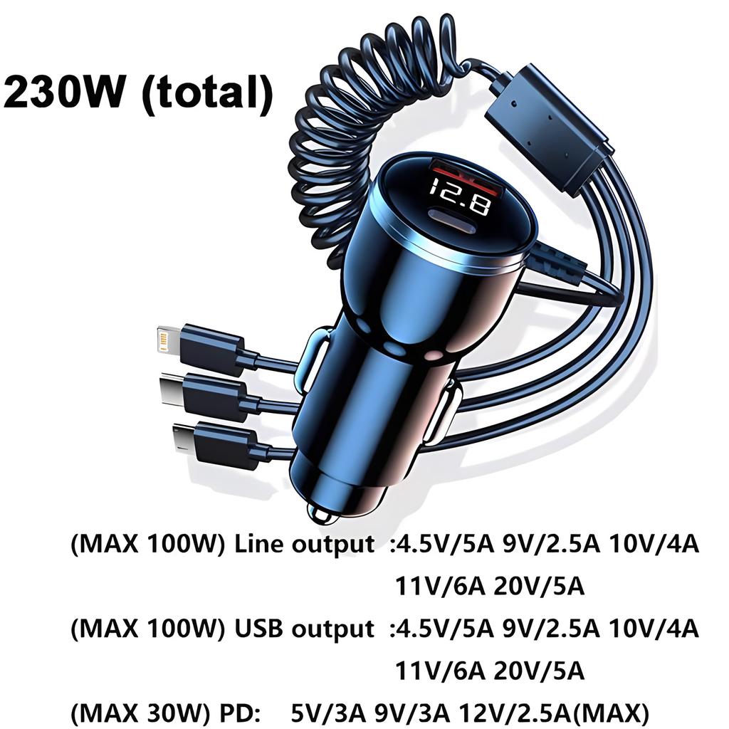PD QC3.0 230W Car Charger - 5-Port USB C Type C Adapter | Fast Charge In-Car Phone Charger for iPhone Samsung Huawei Xiaomi