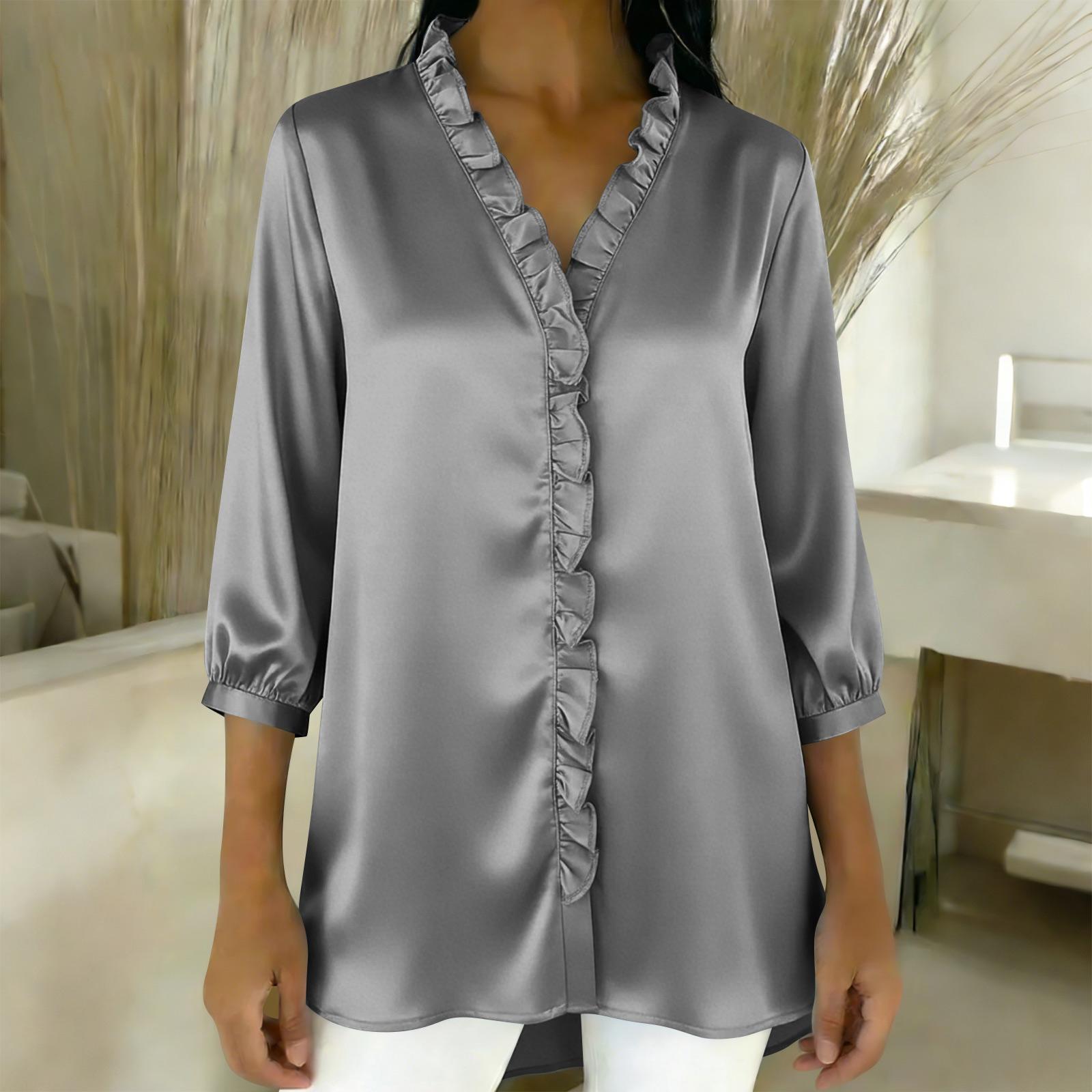Ladies  Fashionable and Elegant Ruffled Collar Satin Blouse XL