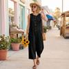Women's Fashionable Color Button Sleeveless Pocket Casual Retro Wide Leg Seven Part Jumpsuit