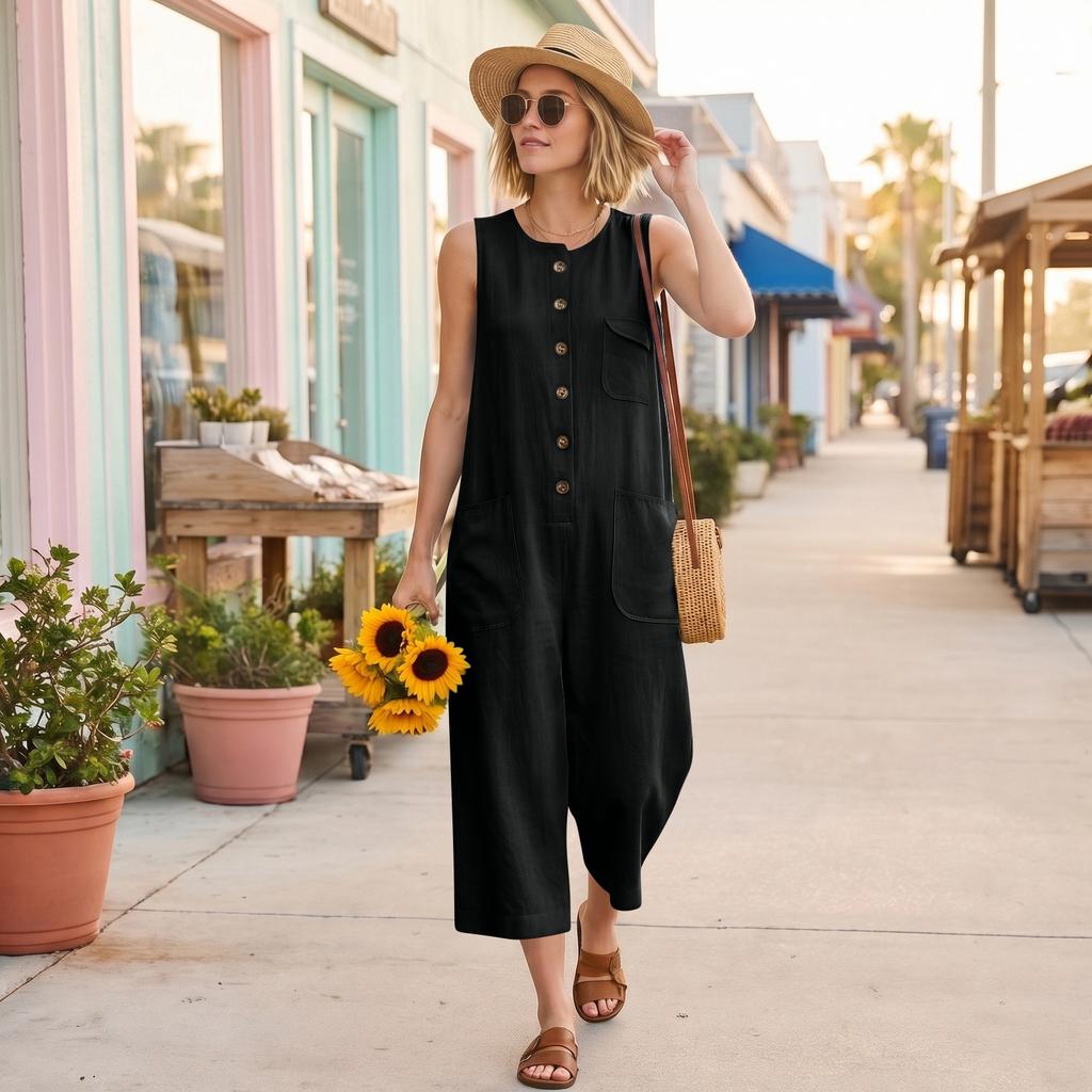 Women's Fashionable Color Button Sleeveless Pocket Casual Retro Wide Leg Seven Part Jumpsuit