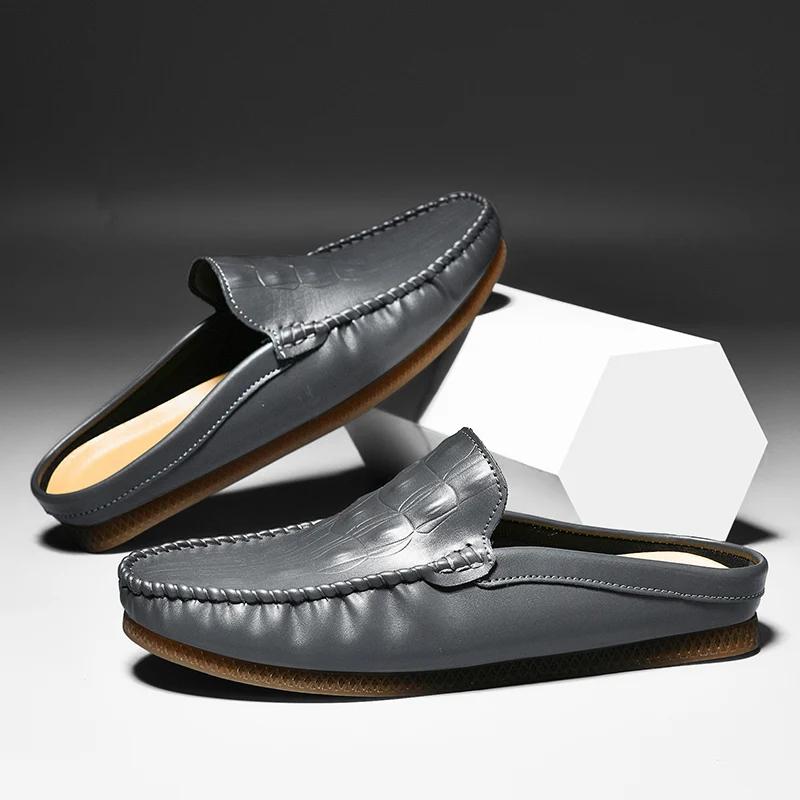 Fashion Half Shoes for Men Mules Luxury Designer Man Slides Slip on Flats Men Driving Shoes Leather Semi-Drag Loafers Slippers Hombres