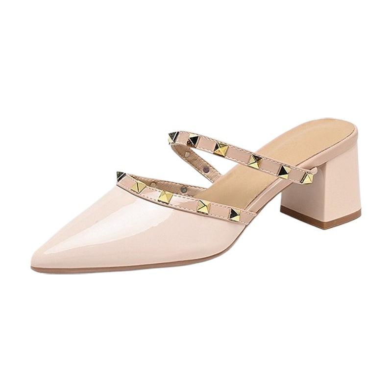 Premium pointed head thick heel bag head drag 2025 new pedal middle heel rivet French outer half slippers women