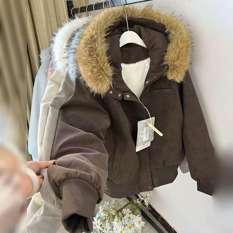 Thick Winter Hooded Cotton Coat With Faux Fur Collar Unisex Casual Warm Jacket Men Women