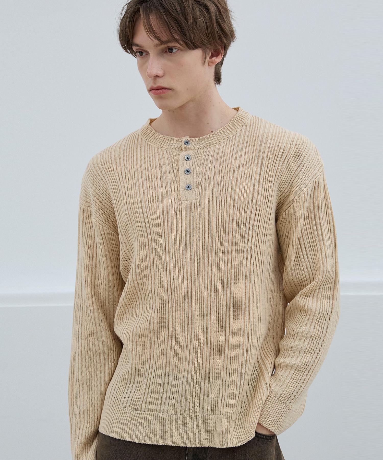 Nod You Light Ribbed Henley Neck Knit T-Shirt [Beige] M