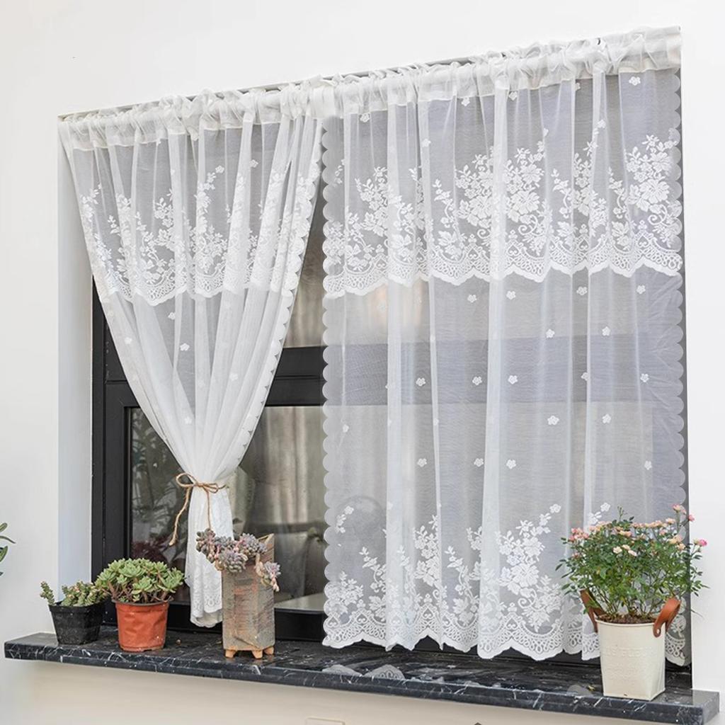 White Short Lace Curtain Cute Floral Kitchen Valance Pastoral Tulle Voile Window Treatment Home Decor