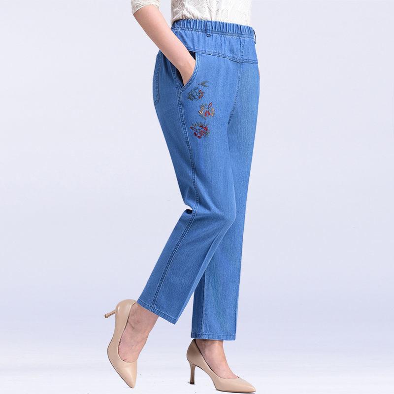 Blugi casual cu talie înaltă, cu picior drept, mărime plus, cu talie elastică, pentru femei de vârstă mijlocie și vârstnice - Primăvară/Toamnă.