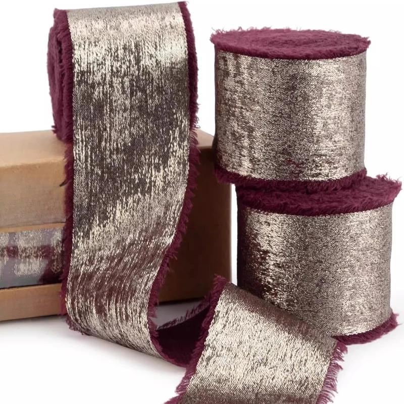 5 Yards Frayed Edged Satin Handmade Bronzing Ribbon for Wedding Invitation Bouquets Birthday Party DIY Decoration Gift 3Roll