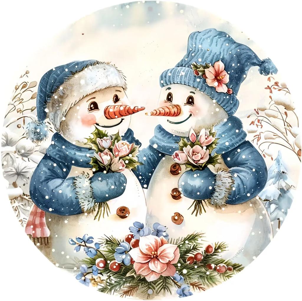 Round Metal Tin Sign Art Painting Wreath Decorative Plates Cartoon Snowman Christmas Poster for Home Garden Garage Wall Decor